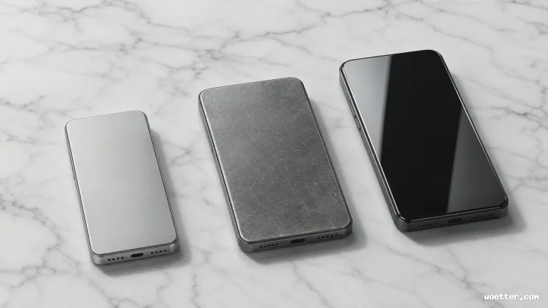 Top-down photograph of three rectangular mobile devices resting on a white marble surface with grey veining. The devices are arranged diagonally, increasing in size from left to right. The smallest device on the left has a clean, brushed silver metal finish. The middle device is dark grey and features a heavily scratched and worn texture. The largest device on the right displays a pristine, glossy black surface that reflects light. All three show charging ports and speaker grilles on their bottom edges. Soft lighting highlights the contrasting materials and casts clear shadows beneath each device.