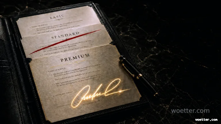 Top-down photograph of an open black leather portfolio resting on a dark marble surface. The portfolio displays three cascading document cards. The top card is titled "BASIC". The middle card, "STANDARD", is heavily crossed out with a bold red strike-through line. The prominent bottom card, "PREMIUM", features terms of service text and a cursive signature that glows in vibrant neon gold above the "AUTHORIZED SIGNATURE" section. An elegant black and gold fountain pen rests diagonally on the Premium card. The scene features dramatic, high-contrast lighting, creating a luxurious corporate atmosphere.