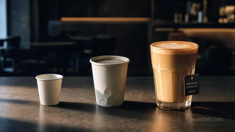Três copos alinhados em um balcão escuro iluminado por uma luz quente. À esquerda, um copo pequeno de papel branco; no centro, um copo médio de papel branco levemente amassado; à direita, um copo grande de vidro com café com leite, arte em latte na superfície e uma etiqueta preta pendurada com o texto "PREMIUM EXPERIENCE - $6.50 -". O fundo é escuro e desfocado, sugerindo o ambiente de uma cafeteria.