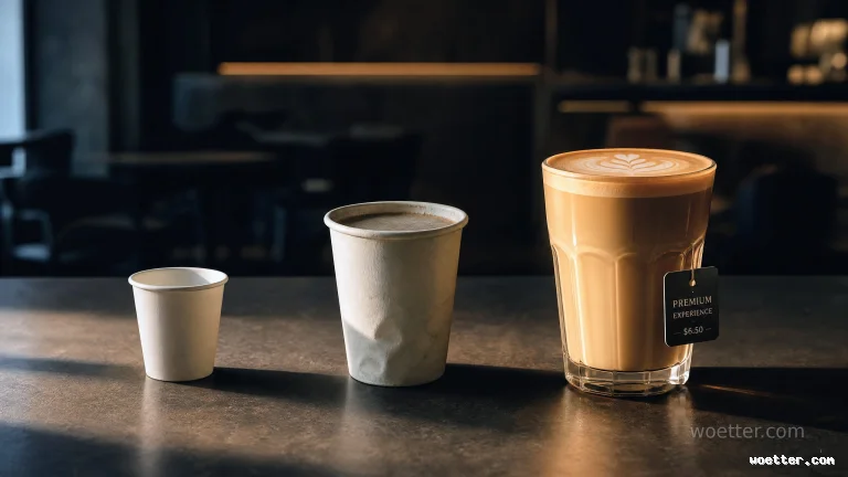 Três copos alinhados em um balcão escuro iluminado por uma luz quente. À esquerda, um copo pequeno de papel branco; no centro, um copo médio de papel branco levemente amassado; à direita, um copo grande de vidro com café com leite, arte em latte na superfície e uma etiqueta preta pendurada com o texto "PREMIUM EXPERIENCE - .50 -". O fundo é escuro e desfocado, sugerindo o ambiente de uma cafeteria.