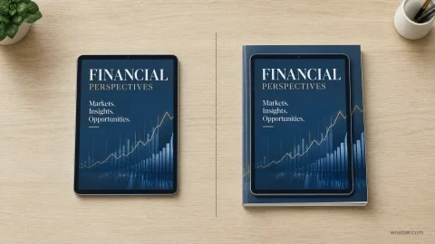 Vista superior de uma mesa de madeira clara dividida ao meio por uma fina linha vertical. À esquerda, um tablet exibe uma capa digital azul escura com o título "FINANCIAL PERSPECTIVES", o subtítulo "Markets. Insights. Opportunities." e um gráfico financeiro de barras e linhas ascendentes. À direita, o mesmo tablet com a tela ligada repousa sobre um livro físico espesso, que possui exatamente a mesma arte de capa azul do arquivo digital. Nos cantos superiores, há um pequeno vaso de planta à esquerda e um copo branco à direita.