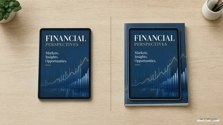 Vista superior de uma mesa de madeira clara dividida ao meio por uma fina linha vertical. À esquerda, um tablet exibe uma capa digital azul escura com o título "FINANCIAL PERSPECTIVES", o subtítulo "Markets. Insights. Opportunities." e um gráfico financeiro de barras e linhas ascendentes. À direita, o mesmo tablet com a tela ligada repousa sobre um livro físico espesso, que possui exatamente a mesma arte de capa azul do arquivo digital. Nos cantos superiores, há um pequeno vaso de planta à esquerda e um copo branco à direita.