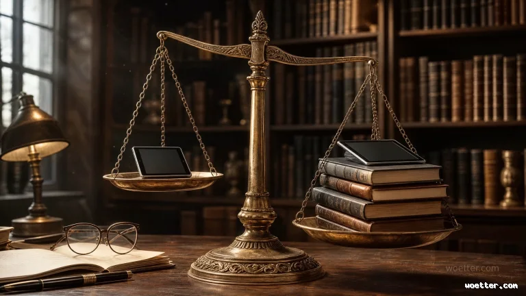 Uma balança de justiça de latão antigo está equilibrada sobre uma mesa de madeira escura. No prato esquerdo, repousa um tablet preto. No prato direito, uma pilha de livros de capa dura e um smartphone. Em primeiro plano, veem-se óculos de leitura, um livro aberto e uma caneta. O fundo apresenta uma estante de livros desfocada.