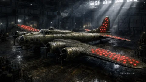 A dramatic, industrial-style photograph of a weathered B-17 Flying Fortress heavy bomber inside a vast, dark airplane hangar. The olive-drab aircraft is positioned centrally on a worn, reflective concrete floor, covered in a mesmerizing pattern of glowing, luminous red concentric circles (target symbols) on the upper surfaces of both wings and the tail fin. Beams of natural light stream down from an overhead skylight, cutting through the dusty, shadowed atmosphere and creating high contrast.