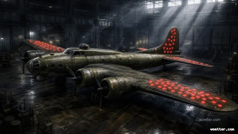 Uma imagem dramática e industrial de um bombardeiro pesado B-17 Flying Fortress envelhecido e texturizado dentro de um enorme hangar escuro. A aeronave verde-oliva está centralizada no piso de concreto molhado e reflexivo, coberta por um padrão hipnotizante e luminescente de círculos concêntricos vermelhos brilhantes, como alvos, nas asas e na cauda. Raios de luz natural descem de clarabóias no telhado metálico, criando contrastes nítidos e iluminando a poeira no ar.