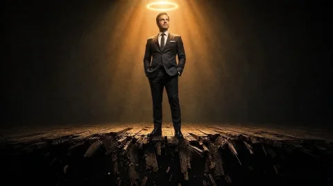 A dramatic and symbolic portrait of a man in a dark grey three-piece suit, standing with his hands in his pockets, looking at the camera. He wears a well-tailored suit, white shirt, and a dark patterned tie. A glowing golden halo floats above his head, and a beam of golden light descends directly on him, illuminating the textured studio wall background. He stands on a rustic, broken wooden floor that breaks away at an abyssal edge, with wooden fragments falling into darkness.