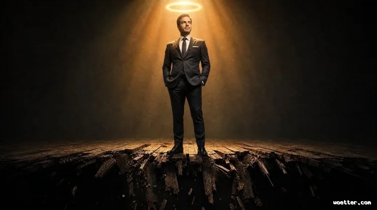 A dramatic and symbolic portrait of a man in a dark grey three-piece suit, standing with his hands in his pockets, looking at the camera. He wears a well-tailored suit, white shirt, and a dark patterned tie. A glowing golden halo floats above his head, and a beam of golden light descends directly on him, illuminating the textured studio wall background. He stands on a rustic, broken wooden floor that breaks away at an abyssal edge, with wooden fragments falling into darkness.