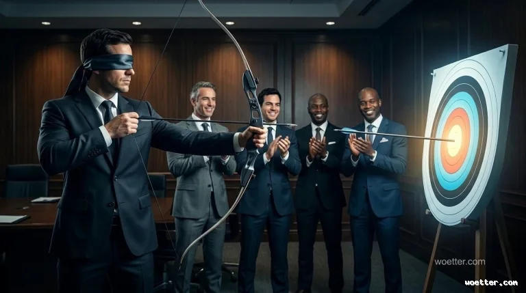 A conceptual corporate image inside a dark wood-paneled boardroom. In the foreground, an executive in a dark suit, blindfolded with a black cloth, holds a drawn bow with an arrow ready to shoot. To the right, an archery target on a wooden stand already has an arrow pierced perfectly into its glowing center. In the background, four other executives in suits watch the scene, smiling and clapping at the unlikely bullseye. The lighting is dramatic, focused on the archer and the target.