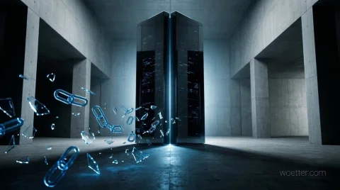 Monólito digital escuro semelhante a um servidor, iluminado por uma fenda azul central, posicionado no centro de uma ampla sala de concreto com pilares arquitetônicos. À esquerda, elos de uma corrente holográfica azul se rompem e se despedaçam em fragmentos brilhantes semelhantes a vidro ao redor da base da estrutura, criando uma atmosfera cibernética, dramática e fria.