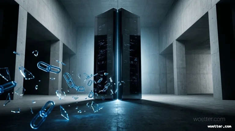 Dark, server-like digital monolith illuminated by a central blue glowing fissure, standing in the center of a large concrete room with architectural pillars. On the left, links of a blue holographic chain break apart and shatter into glowing, glass-like fragments around the base of the structure, creating a cold, dramatic, and cybernetic atmosphere.