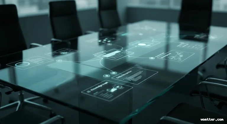 Dark glass conference table projecting a luminous, cyan-toned holographic digital interface. The projection displays interconnected flowcharts, graphs, and data panels, with visible terms like "Entity Recognition" and "Knowledge Graph". Surrounding the table, blurred black office chairs set the scene in a modern, analytical, and high-tech corporate environment.