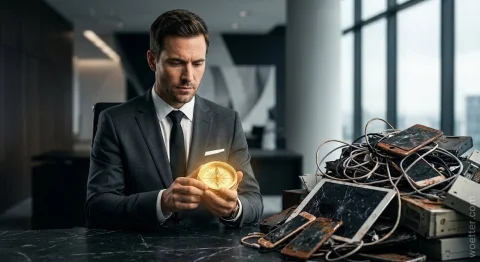A man in a grey suit and black tie sits at a dark marble office desk, holding a glowing golden compass in both hands and looking intently at it. To the right on the desk is a pile of e-waste, including rusty smartphones, a tablet with a cracked screen, and tangled cables. The man is focused on the glowing compass. The background is a modern office environment with large windows overlooking a city.