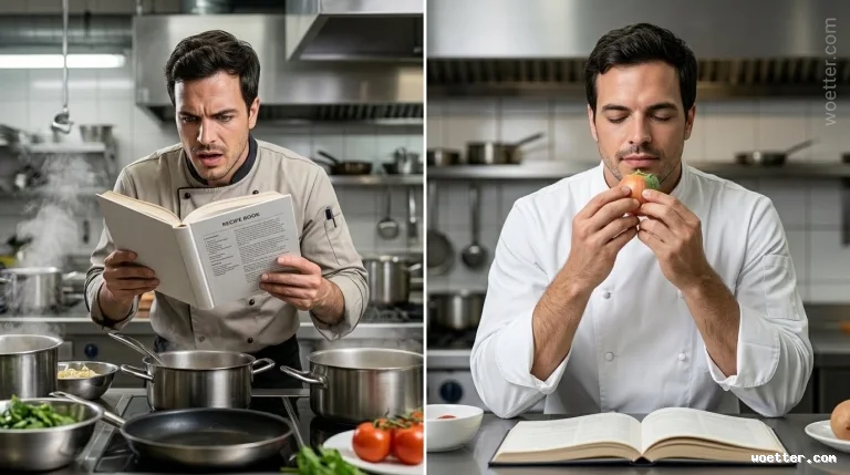 Um chef vestindo dólmã cinza segura um livro de receitas aberto, lendo atentamente com uma expressão de confusão. Ele está de pé em uma cozinha comercial de aço inoxidável, atrás de um fogão onde panelas de metal soltam vapor. Na bancada à sua frente, há uma frigideira, uma tigela com folhas verdes e tomates frescos.