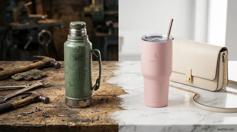 A vertically split image contrasting two distinct objects and environments. On the left side, a worn, dented olive-green thermos stamped with "JOB SITE RATED" sits on a rough, dirty wooden workbench scattered with metal shavings, hammers, and workshop tools in a dimly lit setting. On the right side, a pristine matte pastel pink tumbler labeled "LIFESTYLE" with a clear lid and metal straw rests on a clean white marble countertop. Next to the tumbler is a chic cream-colored leather handbag with a gold clasp and chain strap in a bright, sophisticated setting.
