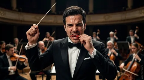 Sweating male conductor in a black tuxedo and bow tie holding a raised baton in his right hand, while intensely biting into a red chili pepper with his left hand. He stares directly at the camera with a tense, strained facial expression. In the softly blurred background, a classical orchestra with musicians playing string instruments performs inside a warm-lit, luxurious concert hall.