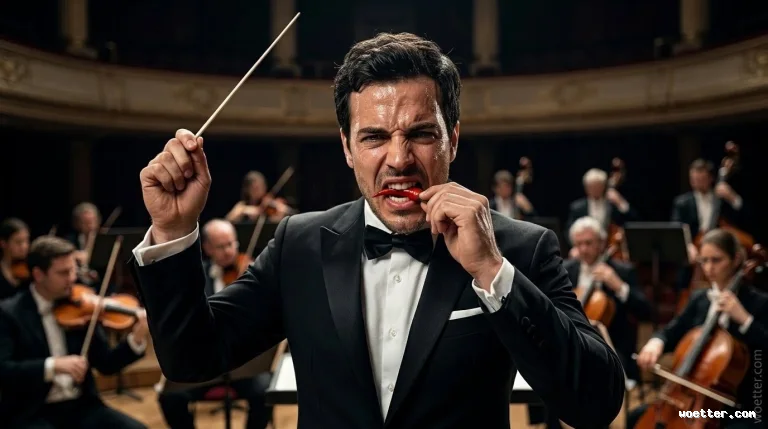 Sweating male conductor in a black tuxedo and bow tie holding a raised baton in his right hand, while intensely biting into a red chili pepper with his left hand. He stares directly at the camera with a tense, strained facial expression. In the softly blurred background, a classical orchestra with musicians playing string instruments performs inside a warm-lit, luxurious concert hall.