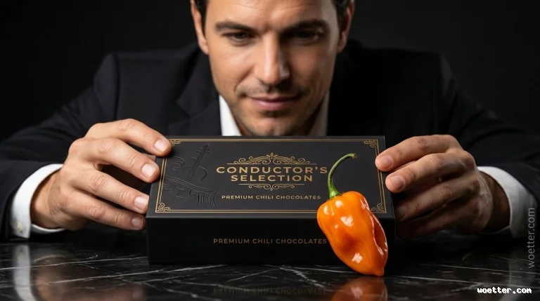 Out-of-focus man in a black suit and white shirt in the background, looking down at an elegant black rectangular box he is holding with both hands on a dark marble table. The box is in sharp foreground focus, featuring gold lettering that reads "CONDUCTOR'S SELECTION" and "PREMIUM CHILI CHOCOLATES", along with designs of string instruments. Resting against the right side in front of the box is a bright orange habanero pepper. The background is dark.