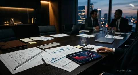 Photograph of a dimly lit executive conference room with large windows showing a nighttime city skyline view. In the foreground and in sharp focus on a long wooden table, there are architectural blueprints, printed financial reports with charts, a tablet displaying a red downward-trending quarterly performance graph, along with a ruler, pen, and eyeglasses. In the slightly blurred background, two men in business suits are seated at the table conversing.