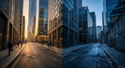 Vertically split photograph showing a stark contrast of an urban street. The left half displays a vibrant daytime scene illuminated by golden sunlight reflecting off large glass skyscrapers, with several people in business attire walking along clean sidewalks. The right half shows a dark, deserted version of the same location in cool, blue tones, with trash scattered across the asphalt and a concrete wall covered in graffiti on the right, creating a bleak and decaying atmosphere.