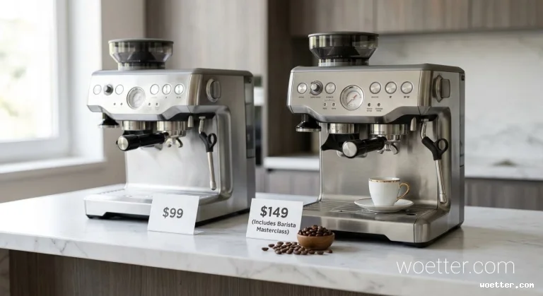Photograph of two identical stainless steel espresso machines placed side by side on a white marble countertop in a brightly lit kitchen. The machine on the left has a price tag displaying "". The machine on the right features a white coffee cup with gold trim on its drip tray, a small wooden bowl filled with coffee beans in front of it along with some loose beans scattered on the counter, and is accompanied by a price tag reading "9 (Includes Barista Masterclass)".