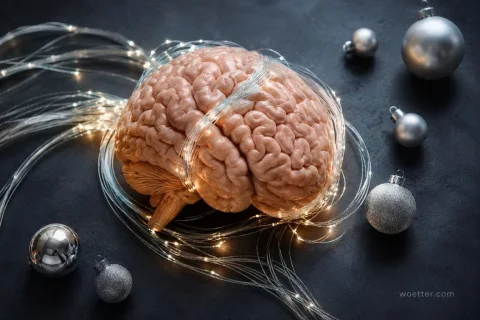 Um modelo anatômico detalhado de um cérebro humano está posicionado no centro, envolto por cordões de luzes de fada LED brilhantes e quentes e filamentos de fibra ótica claros. O cérebro repousa sobre uma superfície texturizada cinza escura e sombria. Espalhadas ao redor do cérebro estão várias bolas de Natal prateadas em diferentes tamanhos e acabamentos, incluindo esferas brilhantes, foscas e com glitter. A iluminação é dramática, com o brilho das luzes destacando as circunvoluções do cérebro contra o fundo escuro.