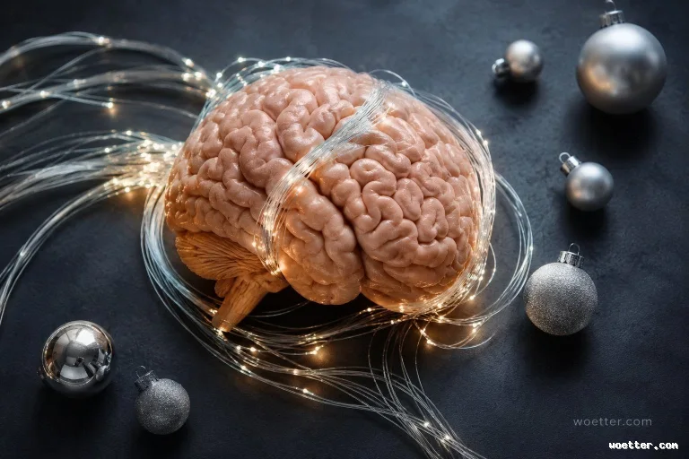 A detailed anatomical model of a human brain is positioned centrally, wrapped in glowing warm yellow LED fairy lights and clear fiber optic strands. The brain rests on a dark, moody grey textured surface. Scattered around the brain are various silver Christmas ornaments in different sizes and finishes, including shiny, matte, and glittered spheres. The lighting is dramatic, with the glow from the lights highlighting the brain's convolutions against the dark background.