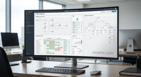 A curved monitor displaying a digital dashboard focused on workflow automation charts, habit tracking matrices, and algorithmic decision trees. The monitor rests on a wooden office desk, accompanied by a black keyboard, a silver mouse, and a closed dark notebook. The blurred background reveals a modern corporate environment, brightly lit by large windows.