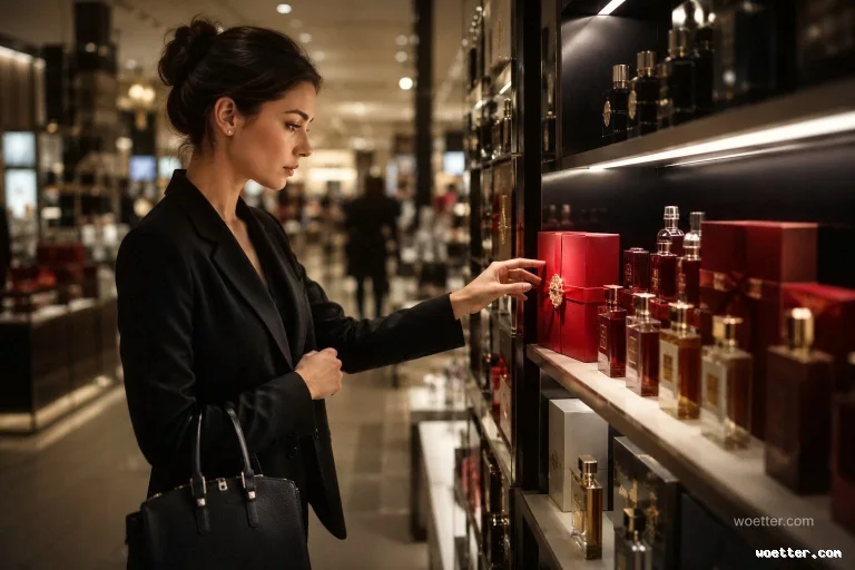 An elegant young woman, seen in profile, examines products in a luxury store. She has dark hair styled in an updo, wears a black blazer, and carries a structured black handbag on her arm. Her right hand reaches out, gently touching a red box with a gold detail in the center, displayed on a brightly lit shelf alongside various perfume bottles. The surrounding environment features warm lighting and a dark, blurred background, conveying a sophisticated and refined atmosphere.