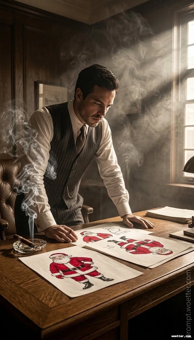 Um homem elegante, vestido com um colete de risca-de-giz e camisa branca de meados do século, está de pé, inclinado sobre uma grande mesa de escritório de madeira maciça. Ele foca sua atenção em três esboços coloridos e detalhados do Papai Noel dispostos sobre a mesa (um desenho de corpo inteiro em primeiro plano e dois menores atrás). Suas mãos estão apoiadas na borda da mesa. À esquerda, um cinzeiro de vidro contém um charuto aceso que libera uma coluna de fumaça que sobe e se mistura com o ar do escritório. O ambiente é um escritório clássico com painéis de madeira escura e uma poltrona de couro ao fundo. Feixes dramáticos de luz solar penetram por uma janela alta à direita, iluminando a fumaça visível na sala atmosférica.