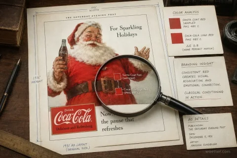 Top-down view of a dark wooden desk displaying a vintage 1931 Coca-Cola advertisement from "The Saturday Evening Post" featuring Santa Claus holding a Coke bottle. A magnifying glass rests over the ad, highlighting a color analysis that matches the red of Santa's coat with the official Coca-Cola Logo Red (PMS 485 C). Blue measurement lines frame the ad's layout. To the right, three index cards contain handwritten notes titled "Color Analysis," "Branding Insight," and "Ad Details." A fountain pen, a wooden ruler, and antique books rest at the edges of the desk, creating an atmosphere of historical marketing research and brand analysis.