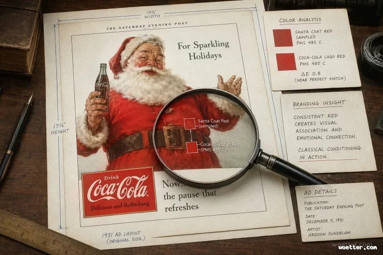 Fotografia em vista superior de uma mesa de madeira escura contendo um anúncio vintage da Coca-Cola de 1931, da revista "The Saturday Evening Post", estrelado pelo Papai Noel segurando uma garrafa. Uma lupa posicionada sobre o anúncio destaca uma análise de cor, comparando o vermelho do casaco do Papai Noel com o vermelho oficial do logotipo da marca (PMS 485 C). O anúncio é contornado por linhas azuis indicando suas dimensões. À direita, três cartões de papel contêm anotações analíticas intituladas "Color Analysis", "Branding Insight" e "Ad Details". Nas bordas da mesa encontram-se uma caneta-tinteiro, uma régua de madeira e livros antigos, compondo uma atmosfera de pesquisa histórica de marketing e design.