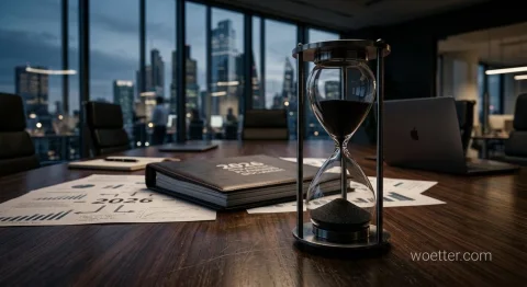 A corporate boardroom with a nighttime view of illuminated city skyscrapers through large glass windows. In the foreground, on a long wooden table, there is a metal hourglass with dark sand and a black notebook titled "2026 STRATEGIC PLANNING DOCUMENT". Scattered around the notebook are various printed documents featuring charts, graphs, and the year "2026". In the blurred background, there is an open laptop and the silhouette of a person standing and looking out at the city.