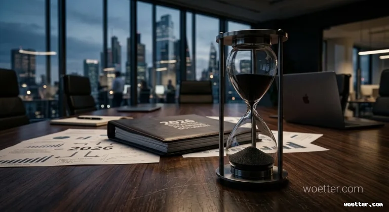 A corporate boardroom with a nighttime view of illuminated city skyscrapers through large glass windows. In the foreground, on a long wooden table, there is a metal hourglass with dark sand and a black notebook titled "2026 STRATEGIC PLANNING DOCUMENT". Scattered around the notebook are various printed documents featuring charts, graphs, and the year "2026". In the blurred background, there is an open laptop and the silhouette of a person standing and looking out at the city.