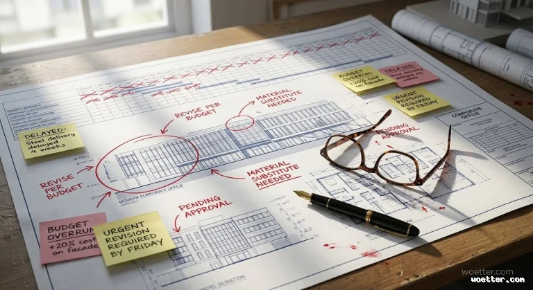 Architectural blueprints spread out on a sunlit wooden desk. The technical drawing is heavily annotated with red pen markings, including circles, arrows, and textual notes reading "REVISE PER BUDGET", "MATERIAL SUBSTITUTE NEEDED", and "PENDING APPROVAL". There are also yellow and pink sticky notes with warning messages: "DELAYED: Steel delivery delayed 4 weeks", "BUDGET OVERRUN: +20% cost on facade", and "URGENT REVISION REQUIRED BY FRIDAY". Resting on the paper on the right side are a pair of tortoiseshell eyeglasses and a black and gold fountain pen.