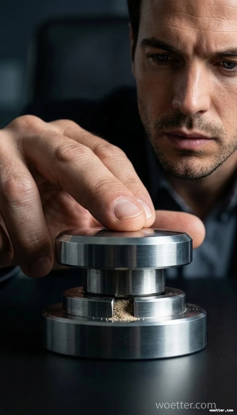 Close-up photograph of a man with subtle stubble and an intensely focused expression, pressing his fingers firmly on top of a polished, cylindrical metal object on a dark surface. The metallic device features side slots where a light-brown granular substance appears to be squeezed or pressed under pressure. The lighting is dramatic, with a dark, blurred background that highlights the tension in the hand, the shine of the tool, and the man's serious features.
