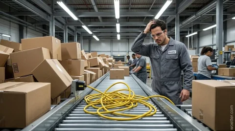 Photograph inside a large, brightly lit industrial warehouse. In the foreground, a male worker wearing a grey coverall and safety glasses stands next to a roller conveyor belt, holding his hand to his head with an expression of frustration or concern. On the conveyor belt, a thick yellow power cord is tangled in a pile, halting the flow of cardboard boxes. To the left, there is a large, disorganized stack of piled-up boxes. In the background, other employees in similar uniforms can be seen working on the production line.
