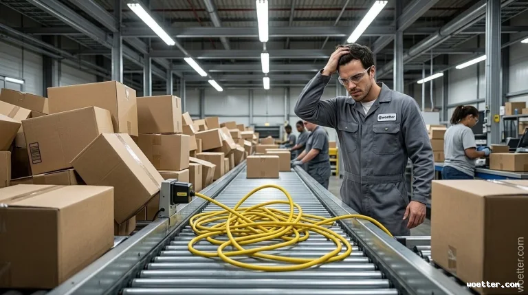 Photograph inside a large, brightly lit industrial warehouse. In the foreground, a male worker wearing a grey coverall and safety glasses stands next to a roller conveyor belt, holding his hand to his head with an expression of frustration or concern. On the conveyor belt, a thick yellow power cord is tangled in a pile, halting the flow of cardboard boxes. To the left, there is a large, disorganized stack of piled-up boxes. In the background, other employees in similar uniforms can be seen working on the production line.