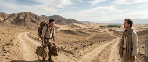 Two men in an arid desert landscape with mountains and sand dunes under a partly cloudy sky. On the left, a man wearing khaki clothing carries a large hiking backpack on his back and two canvas duffel bags in his hands, appearing exhausted. On the right, a man wearing a light-colored robe and scarf points his arm toward a distant green oasis amidst the dunes. Dirt paths marked in the sand cross the scene.