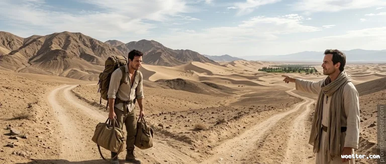 Two men in an arid desert landscape with mountains and sand dunes under a partly cloudy sky. On the left, a man wearing khaki clothing carries a large hiking backpack on his back and two canvas duffel bags in his hands, appearing exhausted. On the right, a man wearing a light-colored robe and scarf points his arm toward a distant green oasis amidst the dunes. Dirt paths marked in the sand cross the scene.