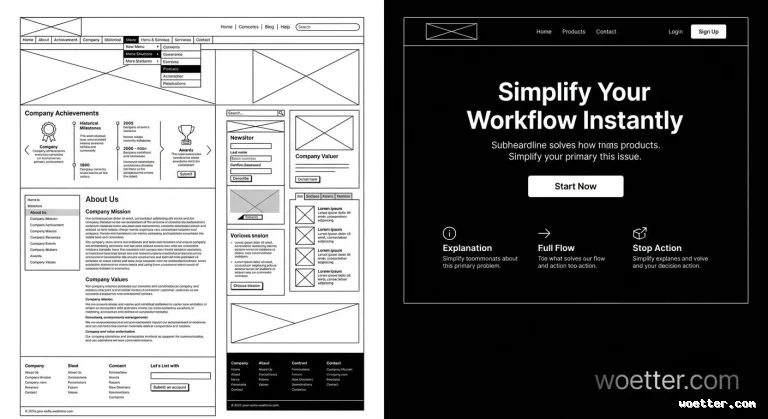 Split image comparing web design layouts. On the left, a low-fidelity, black-and-white schematic wireframe of a corporate webpage in English, detailing navigation menus, a 'Company Achievements' section with icons, 'About Us' text blocks, login forms, and boxes with 'X's indicating image placeholders. On the right, a high-fidelity dark mode hero section design. The minimalist layout features a black background with a large white centered headline reading 'Simplify Your Workflow Instantly', a subheadline, a 'Start Now' call-to-action button, and three small explanatory feature blocks with icons at the bottom.