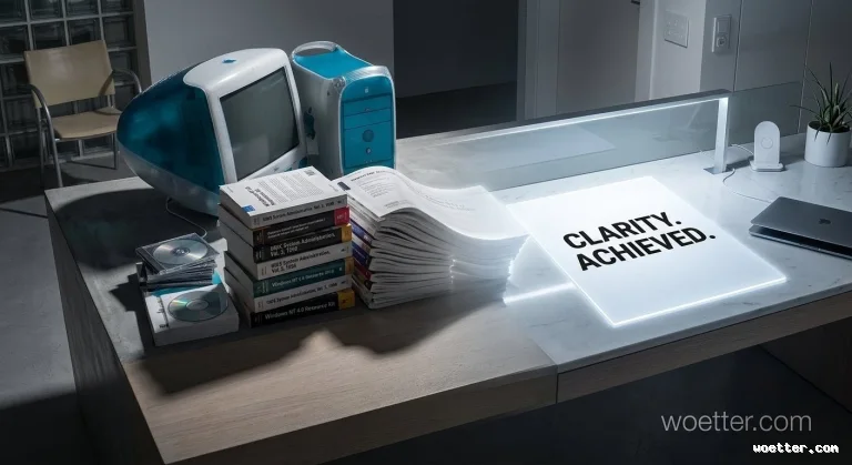 A photograph of a contemporary office desk setup featuring a mix of vintage and modern Apple hardware. On the left side are a classic bondi blue iMac G3 and a matching blue PowerMac G3 tower. In front of them are a tall stack of printed software user manuals and several CDs in jewel cases. In the center of the desk, a prominent built-in square illuminated panel with a bright, glowing white border displays the English text "CLARITY. ACHIEVED." in bold black all-caps letters. On the right side, there is a modern, thin LED desk lamp, a wireless charging stand, and a closed space gray MacBook on a white marble desk surface. A small potted cactus is in the far right corner. The background shows a glass block wall and a simple chair, out of focus.