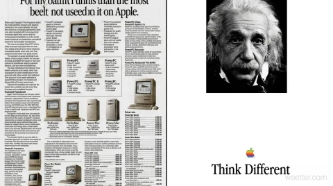 A side-by-side split image showcasing two contrasting styles of Apple advertisements. The left half displays a dense, black-and-white ad filled with columns of text, specification tables, and small photographs of various classic beige desktop computers with CRT monitors, featuring references to PowerPC and Performa models. The right half presents a minimalist design with a large black-and-white photographic portrait of physicist Albert Einstein, showing his signature messy white hair and a direct gaze. Below Einstein's photo, centered against a spacious white background, is the classic rainbow-striped bitten apple logo, accompanied by the iconic slogan "Think Different" written in a black serif font.