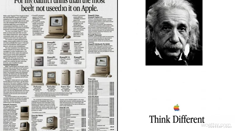 A side-by-side split image showcasing two contrasting styles of Apple advertisements. The left half displays a dense, black-and-white ad filled with columns of text, specification tables, and small photographs of various classic beige desktop computers with CRT monitors, featuring references to PowerPC and Performa models. The right half presents a minimalist design with a large black-and-white photographic portrait of physicist Albert Einstein, showing his signature messy white hair and a direct gaze. Below Einstein's photo, centered against a spacious white background, is the classic rainbow-striped bitten apple logo, accompanied by the iconic slogan "Think Different" written in a black serif font.