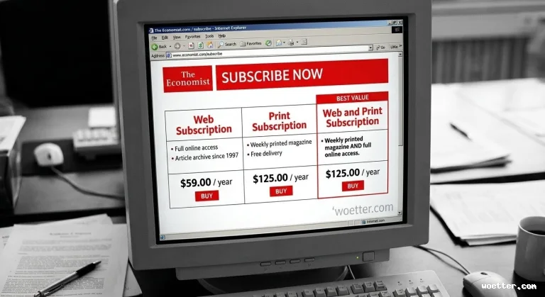 An old beige CRT monitor on a grayscale, cluttered office desk featuring papers, a pen, a keyboard, a mouse, and a coffee mug. The colorful screen contrasts with the black-and-white surroundings, displaying an older web browser page with "The Economist" logo and a red banner reading "SUBSCRIBE NOW". Below it is a pricing table with three options: "Web Subscription" at .00/year; "Print Subscription" at 5.00/year; and "Web and Print Subscription" at 5.00/year, with the latter highlighted by a red tag reading "BEST VALUE". Each column lists the subscription features and includes a red "BUY" button at the bottom.