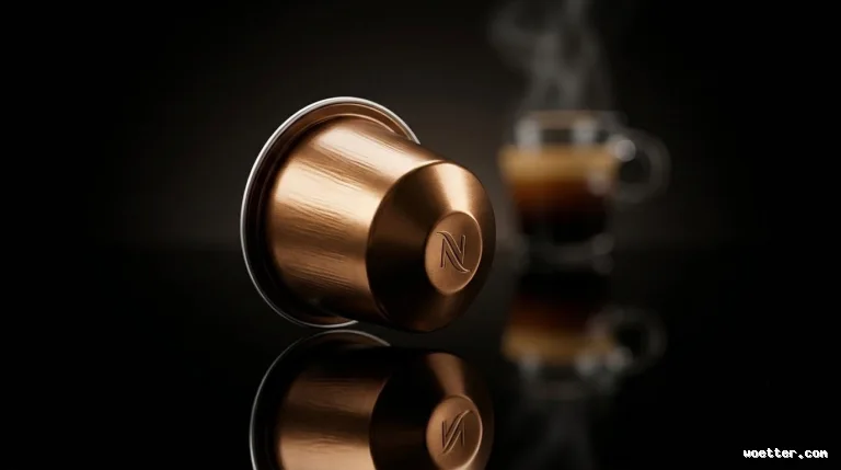 A copper-colored metallic coffee capsule lying on its side on a highly reflective black surface, displaying a sharp reflection. The capsule features an elegant brushed texture and an embossed "N" on its base. In the softly blurred background, a clear glass cup holds steaming espresso, completing a dark, sophisticated setting with dramatic lighting.