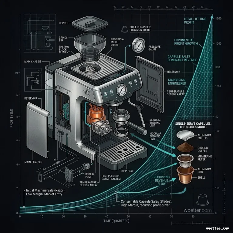 An infographic on a dark background combining an exploded view of a silver espresso machine and a rising cyan line graph. The machine is separated into its components, with lines pointing to English labels such as "HOPPER", "MAIN CHASSIS", "ROTARY PUMP", and "RESERVOIR". On the right, an exploded view of a single-serve coffee capsule details its layers: aluminum foil lid, ground coffee, membrane filter, and shell. The background graph has an X-axis for "TIME (QUARTERS)" and a Y-axis for "PROFIT ($M)". The diagram illustrates a business model, showing a low initial line labeled "Initial Machine Sale (Razor): Low Margin, Market Entry", which transitions into an exponentially growing curve labeled "Consumable Capsule Sales (Blades): High Margin, recurring profit driver", culminating in "TOTAL LIFETIME PROFIT" and "EXPONENTIAL PROFIT GROWTH".
