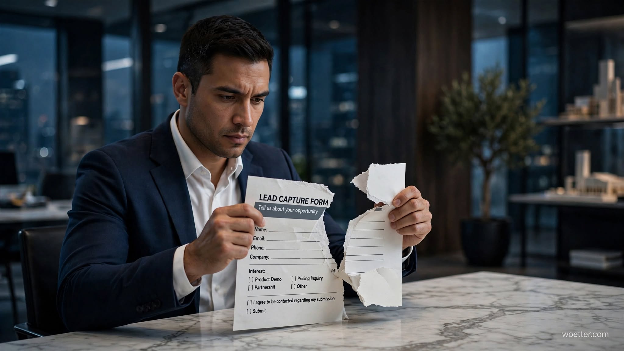 Homem de negócios de terno azul-marinho e camisa branca aberta no colarinho, sentado diante de uma mesa de mármore branco em um escritório corporativo moderno à noite, rasgando ao meio uma folha de papel com as duas mãos. O papel rasgado exibe o título impresso "LEAD CAPTURE FORM" com o subtítulo "Tell us about your opportunity", seguido por campos em branco para Name, Email, Phone, Company e caixas de seleção de interesse. O homem apresenta uma expressão facial séria e concentrada voltada para o formulário. Ao fundo, desfocado, vê-se o interior sofisticado da sala executiva, com uma planta em vaso e grandes janelas exibindo as luzes da cidade.
