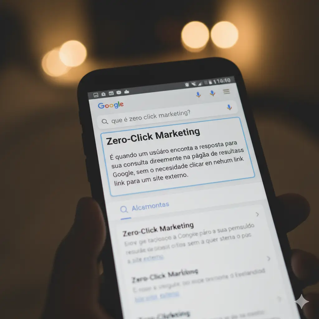Smartphone mostra resultado de pesquisa Google para "zero click marketing", destacando a definição sem cliques em SERP.