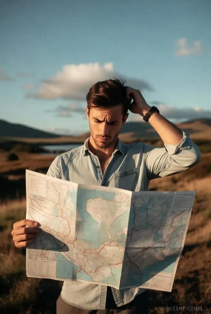 Um homem segurando um mapa de papel confuso, olhando para uma paisagem à frente que é completamente diferente do desenho no papel. O homem está coçando a cabeça.