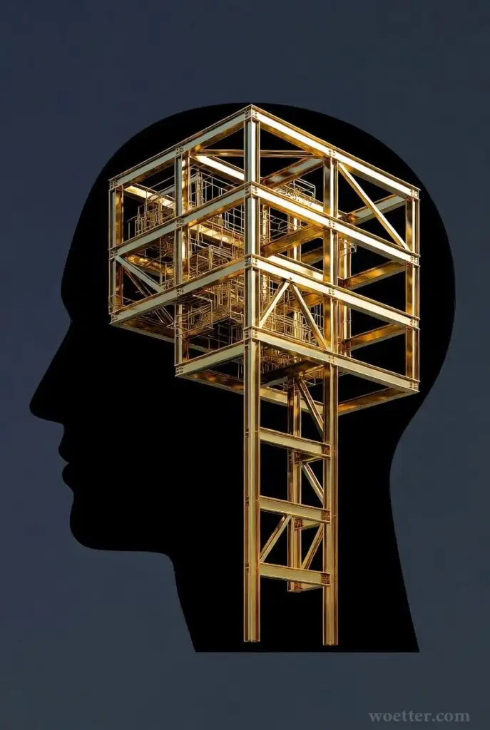 Arte digital surrealista e limpa. Uma cabeça humana silhuetada de perfil. Dentro da cabeça, em vez de cérebro, vemos uma estrutura arquitetônica sólida, como vigas de aço douradas organizadas geometricamente. Fundo azul marinho profundo. Conceito de 'Estrutura Mental Sólida'.
